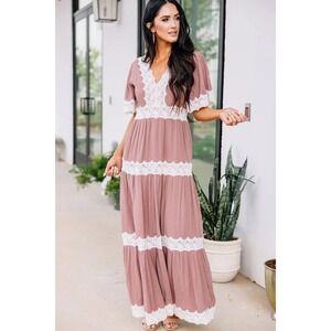 Wishlist Mauve Pink Lace Trim Tiered Boho Maxi Dress XL Rose Crochet V-Neck